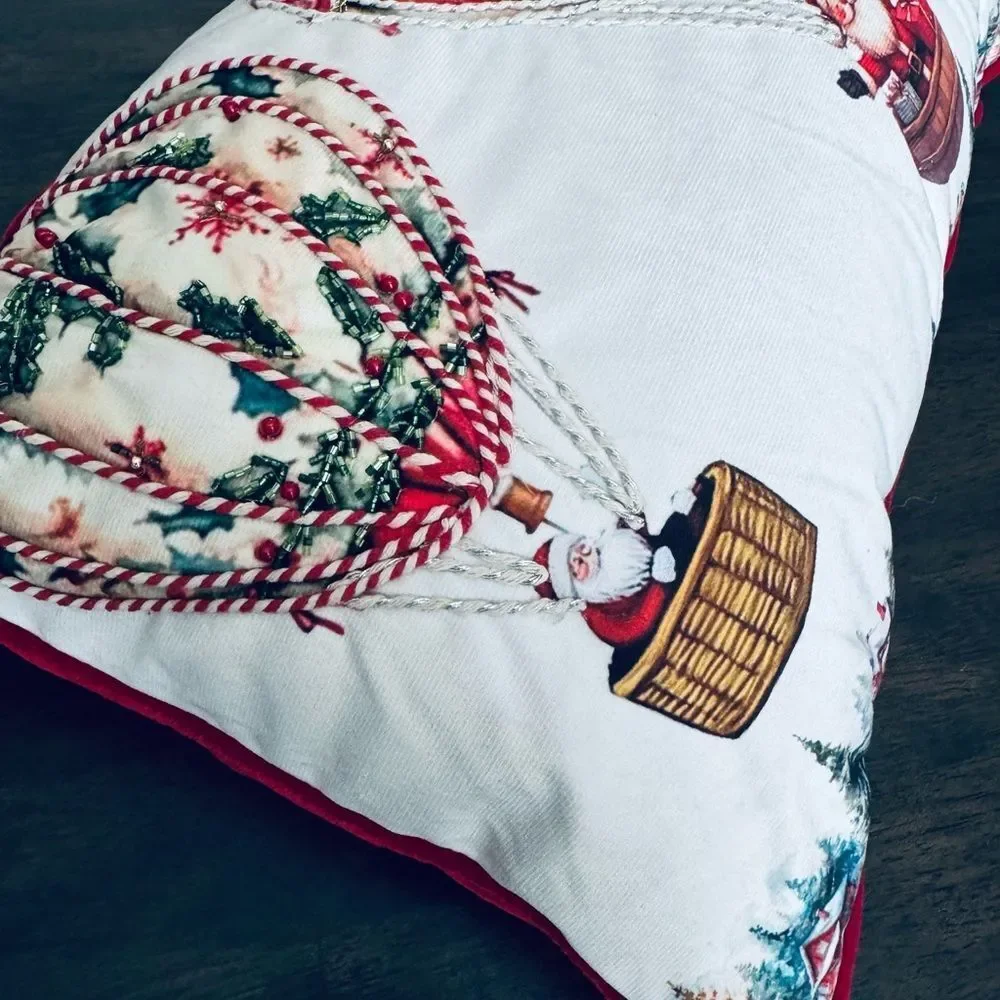 Santa Claus Christmas Holiday Hot Air Balloon Beaded Throw Pillow